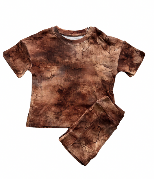 Brown Acid Wash Ribbed Short set